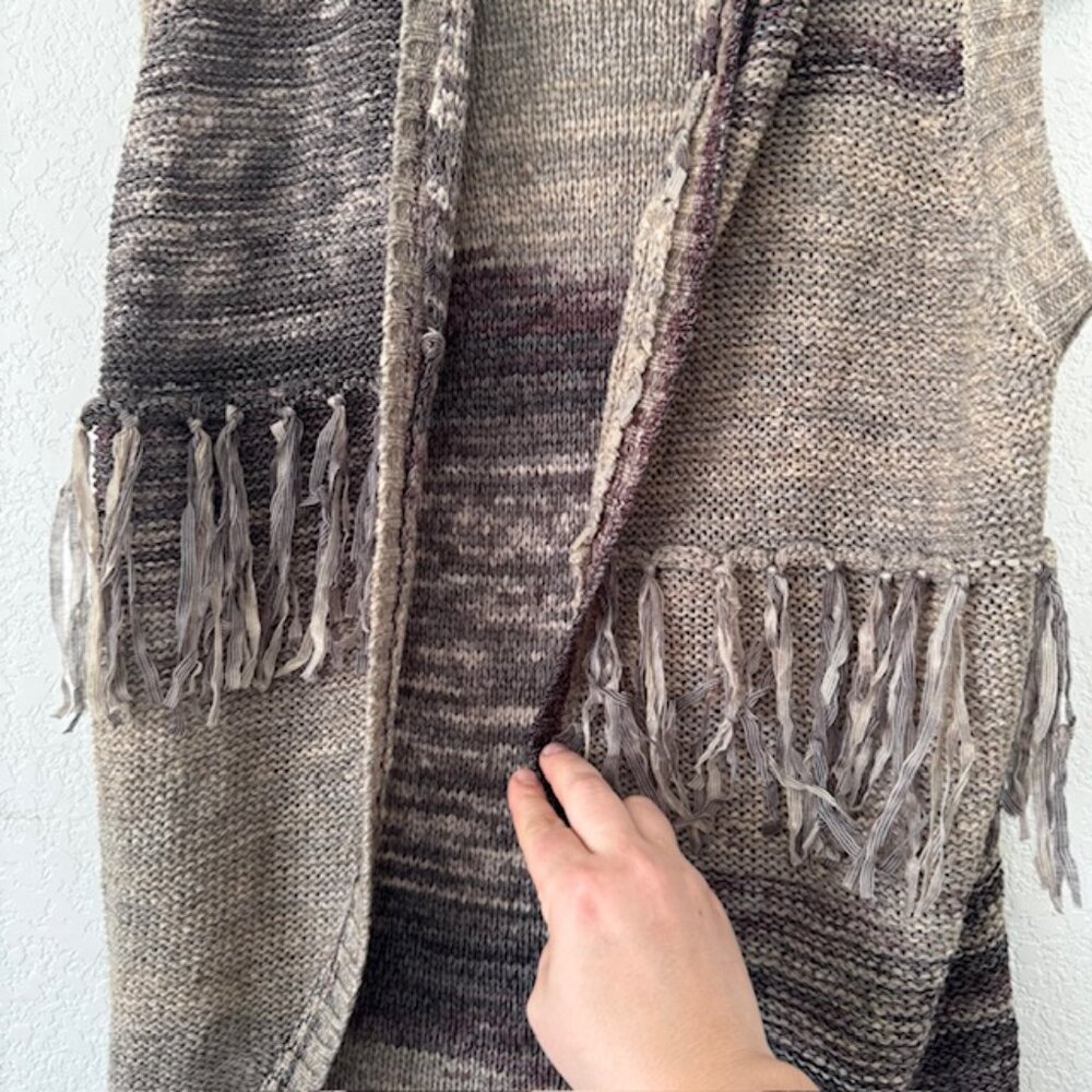 Y2K Sweater Vest Womens Medium Brown Space Dye Fringe Open Front Cardigan - Picture 4 of 7